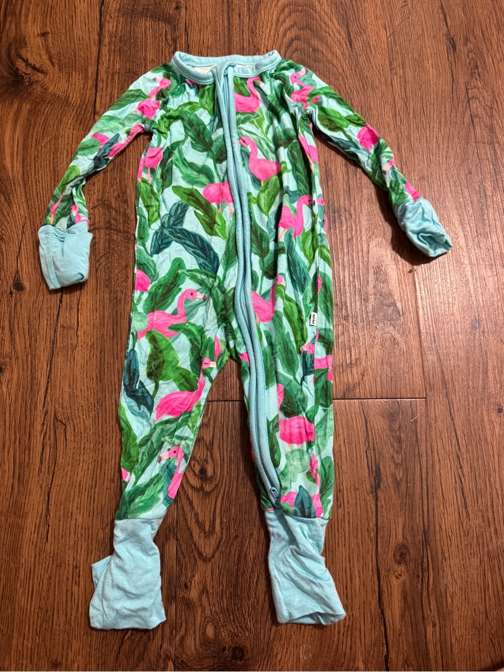 Little Sleepies Mint Footed One-Piece with Pink Flamingo Print
